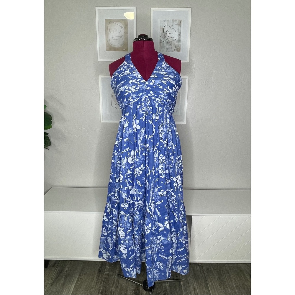 JessaKae Maxi Dress Women Medium Blue Floral Parrot Halter Tiered Cotton NEW